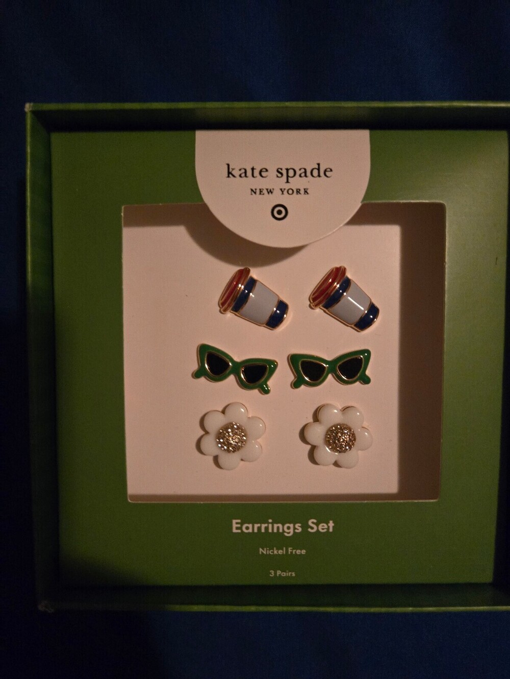 Kate Spade New York 3 Pairs Earrings Set - Floral, Sunglasses, and Coffee Cup